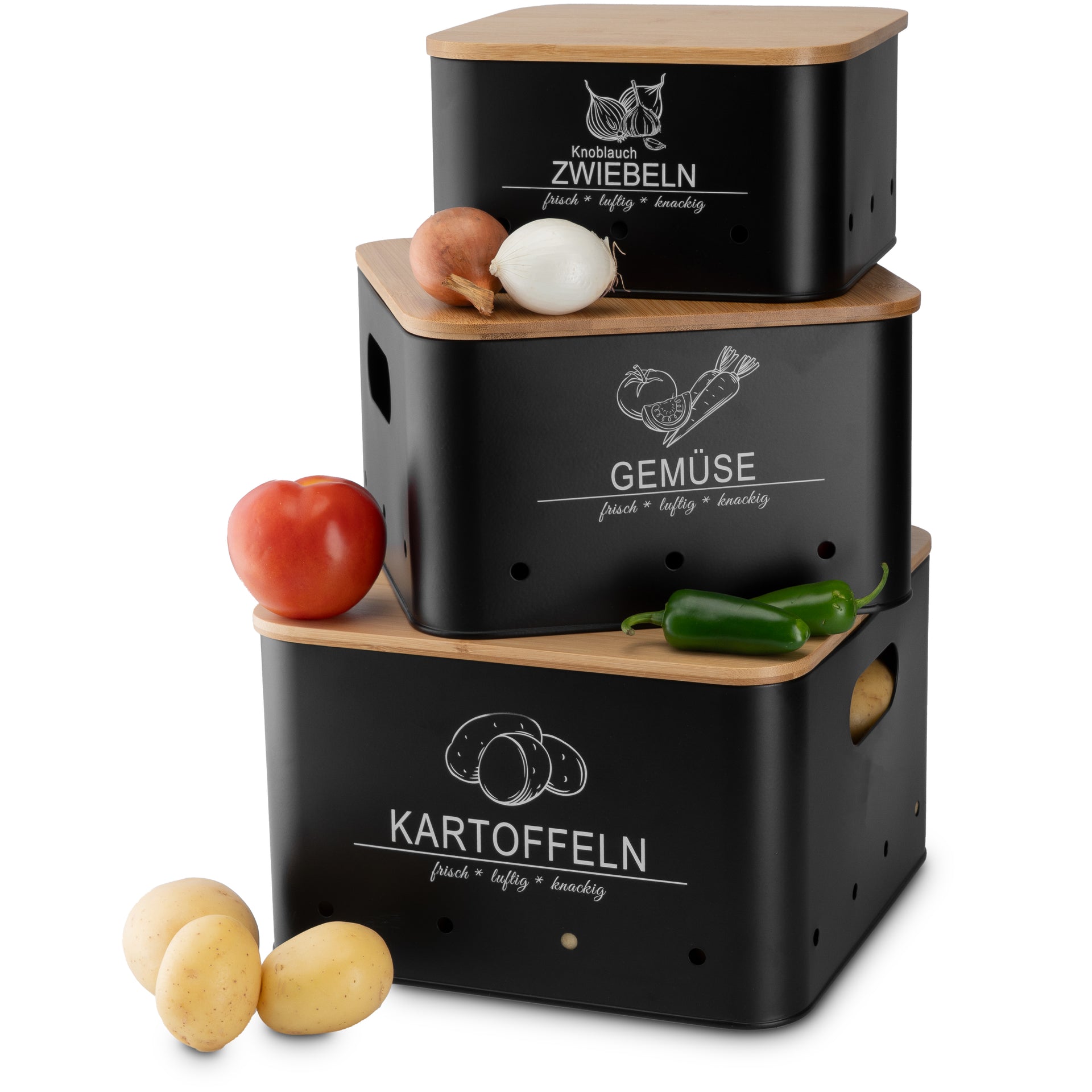 Aufbewahrungsboxen für Kartoffeln & Gemüse – 3er-Set Schwarz