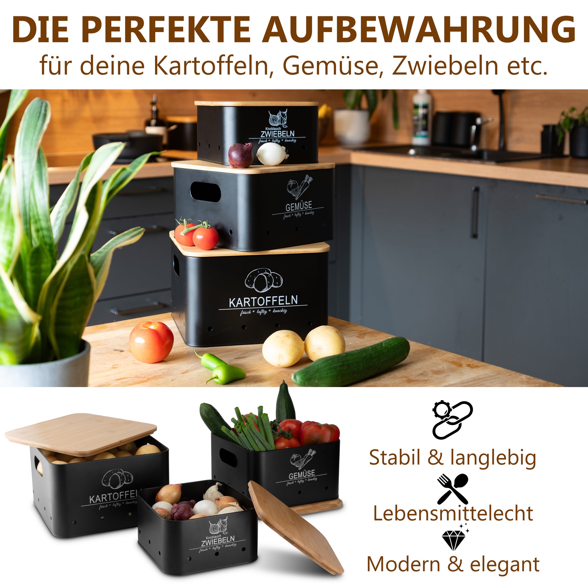 aufbewahrung gemüse küche Aufbewahrungsboxen für Kartoffeln & Gemüse – 3er-Set Schwarz