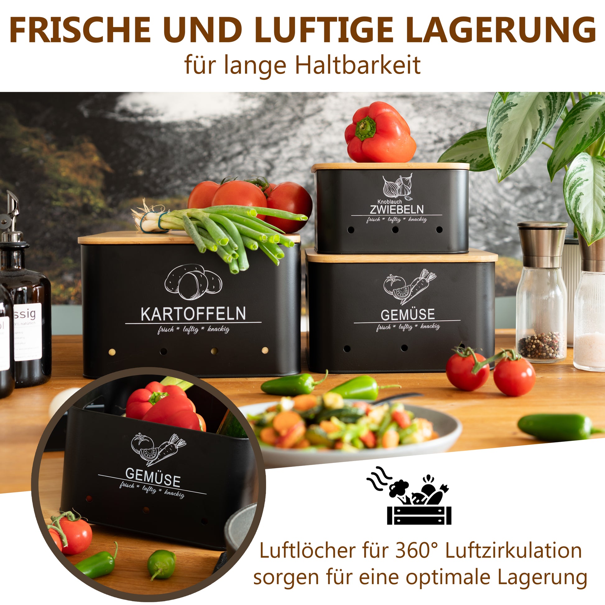 süßkartoffeln aufbewahrung Aufbewahrungsboxen für Kartoffeln & Gemüse – 3er-Set Schwarz