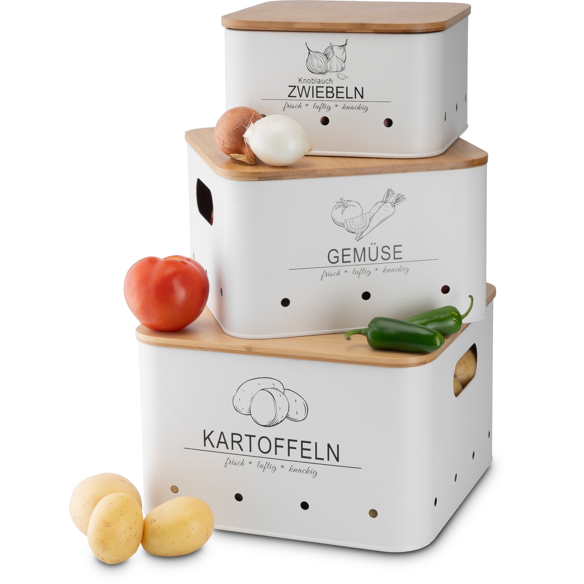 Aufbewahrungsboxen 3er Set für Kartoffeln Gemüse Zwiebeln Knoblauch