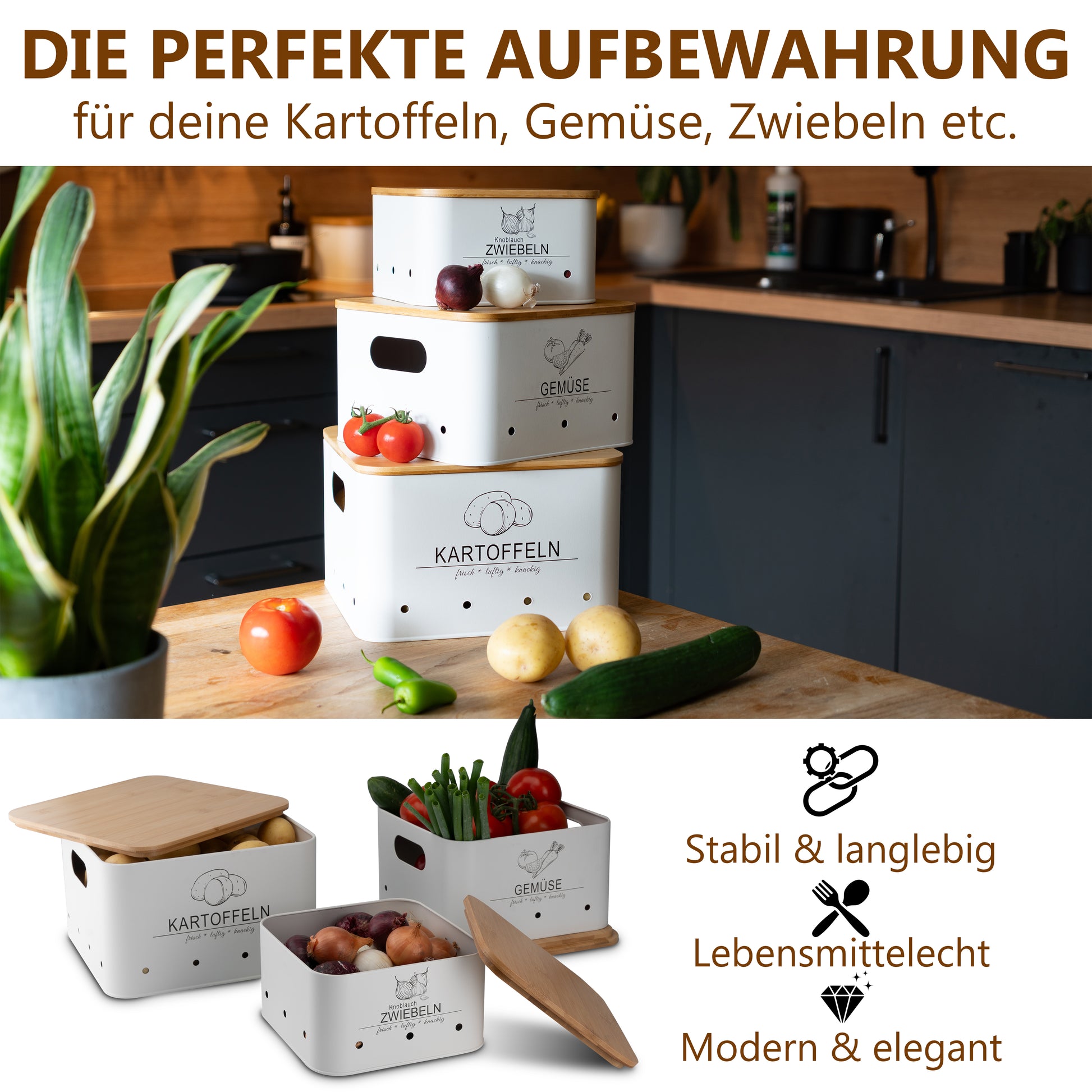 aufbewahrung kartoffeln zwiebeln Aufbewahrungsboxen für Kartoffeln & Gemüse – 3er-Set Weiß