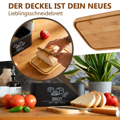 Brotkasten mit Schneidebrett Schwarz
